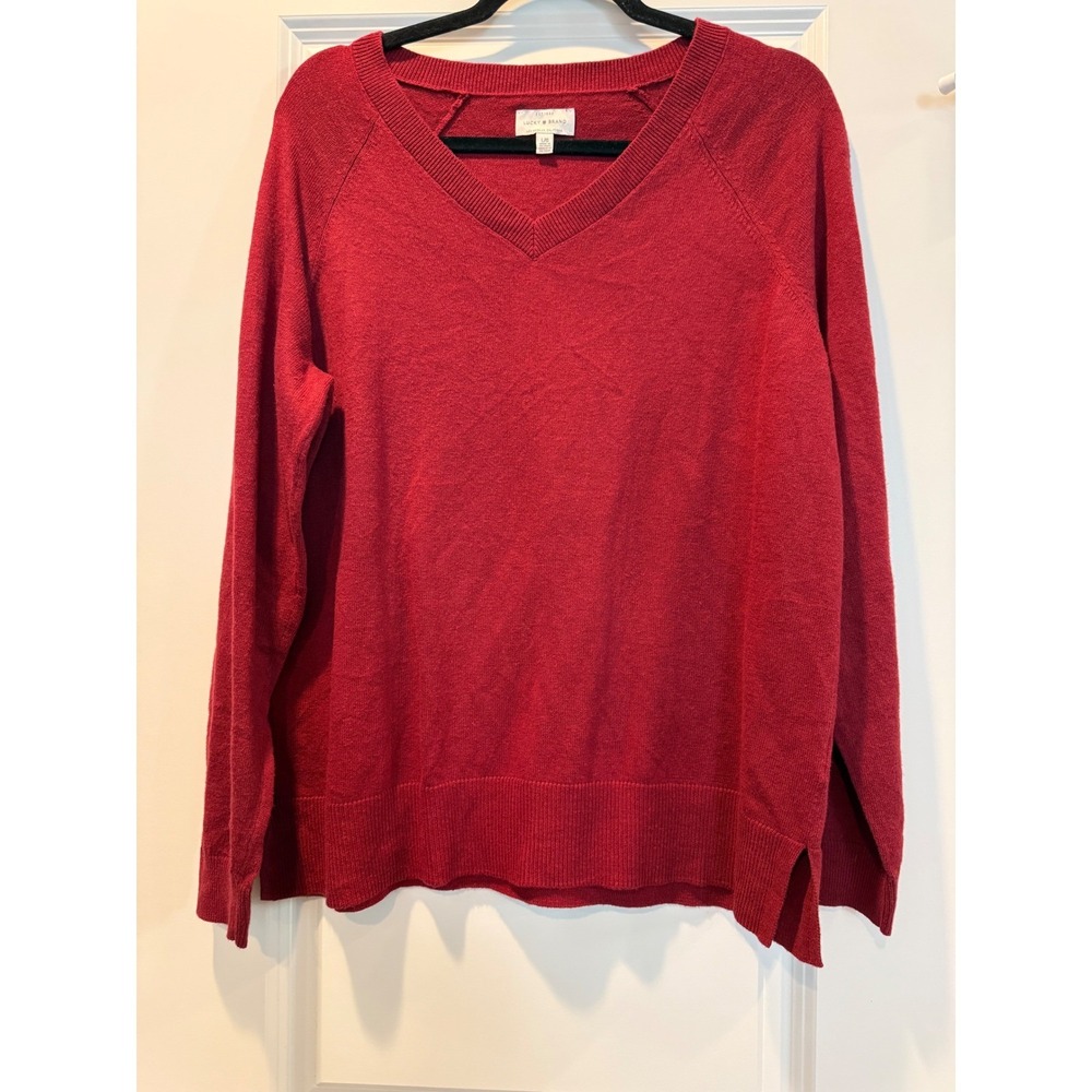 Lucky Brand Womens Red V-Neck Cotton Blend Raglan Long Sleeve Sweater Large
